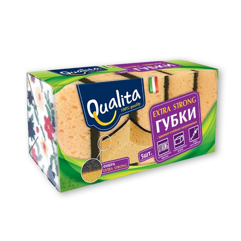превью Губки для мытья посуды Qualita Extra Strong поролоновые 100×69×38.5 мм 5 штук в упаковке