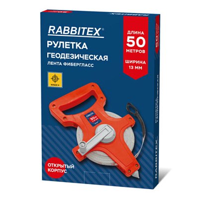 Рулетка геодезическая 50м х 13мм, лента фибергласс, открытый корпус, RABBITEX