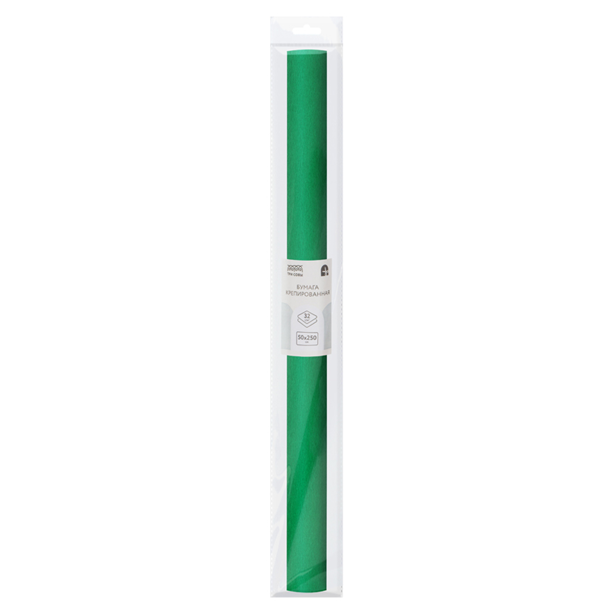 превью Бумага крепированная ТРИ СОВЫ, 50×250см, 32г/м2, зеленая, в рулоне, пакет с европодвесом