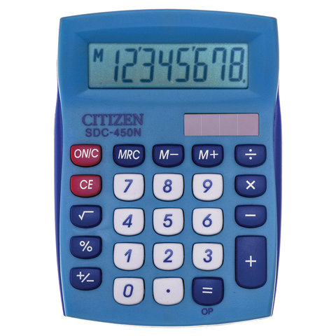 Калькулятор настольный CITIZEN SDC-450NBLCFS, КОМПАКТНЫЙ (120×87 мм), 8 разрядов, двойное питание, СИНИЙ