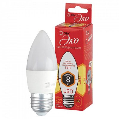 Лампа светодиодная ЭРА, 8(55)Вт, цоколь Е27, свеча, теплый белый, 25000 ч, ECO LED B35-8W-2700-E27