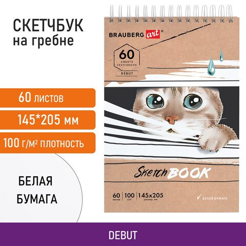 Скетчбук, белая бумага 100 г/м2, 140×201 мм, 60 л., гребень, жёсткая подложка, BRAUBERG ART, "Котик! 