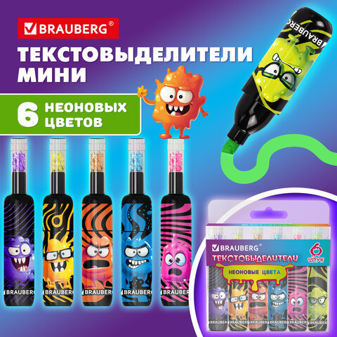 Набор текстовыделителей 6 НЕОНОВЫХ ЦВЕТОВ, кросс-серия МОНСТРИКИ, линия 1-5 мм, BRAUBERG