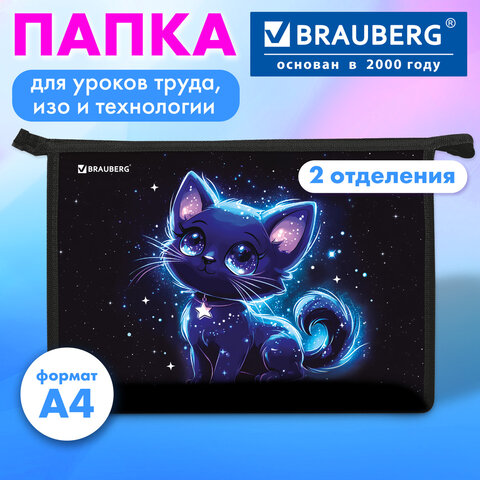 Папка для труда на молнии BRAUBERG А4, 2 отделения, органайзер, «Сияющий котик»
