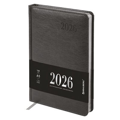 Ежедневник датированный 2026, А5, 138×213 мм, BRAUBERG «Impression», под кожу, серый