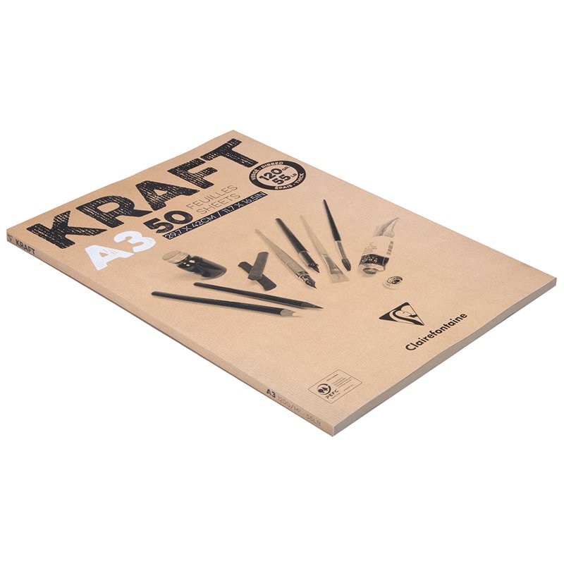 Блокнот для эскизов и зарисовок 50л. А3 на склейке Clairefontaine «Kraft», 120г/м2, верже, крафт