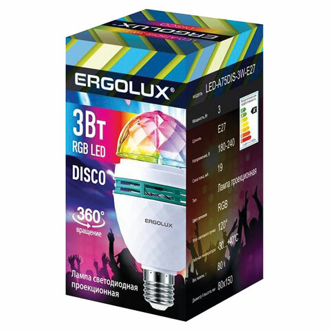 Светодиодная проекционная DISCO лампа ERGOLUX LED-A75DIS-3W-E27, вращение на 360 градусов, RGB
