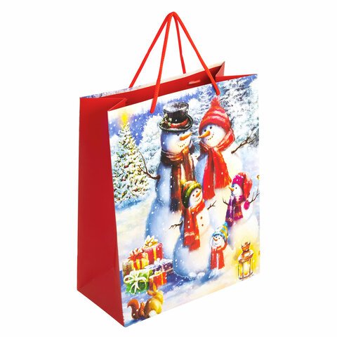 превью Пакет подарочный (1 штука) новогодний 26×13x32 см, ЗОЛОТАЯ СКАЗКА «Snowman», глиттер