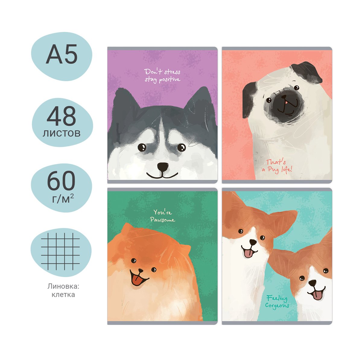 Тетрадь 48л., клетка MESHU «Funny dogs», матовая ламинация, sandy-touch