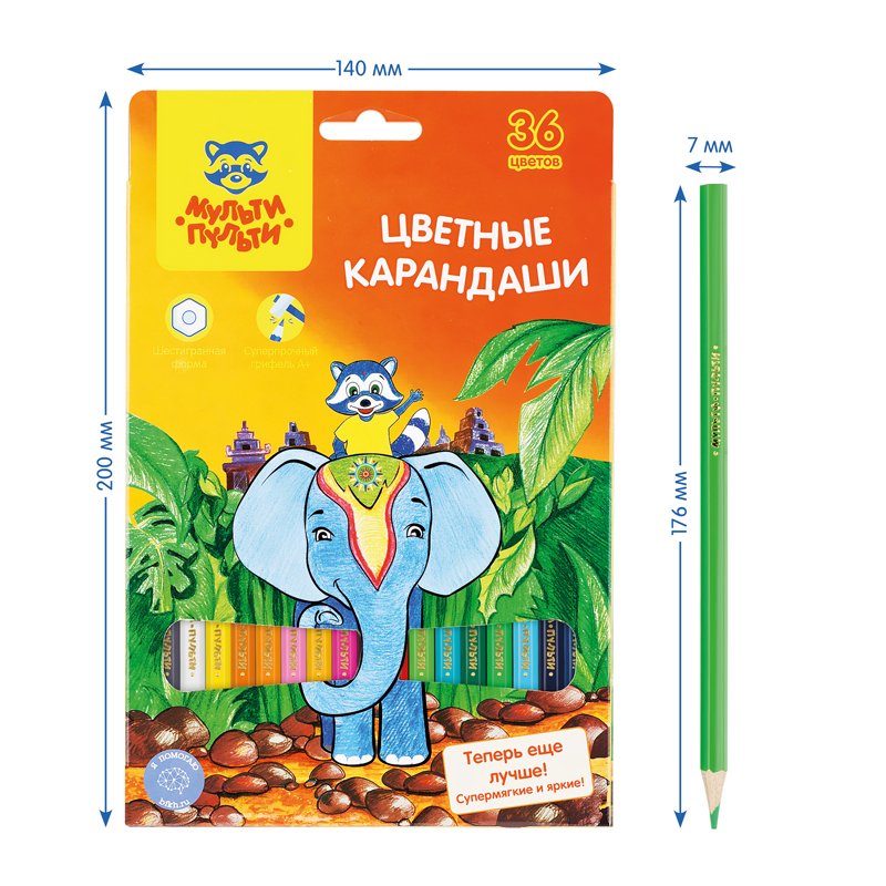 Карандаши цветные Мульти-Пульти «Енот в Индии», 36цв., заточен., картон, европодвес