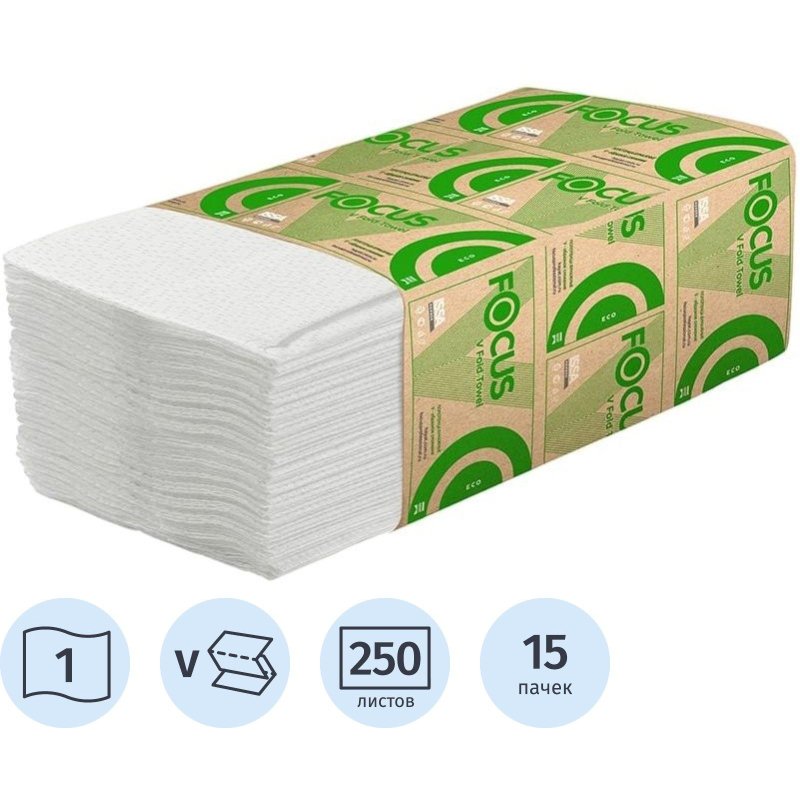 Полотенца бумажные д/дисп. FOCUS Eco Vсл 1сл бел 250л 15пач/уп 5083741 п/э