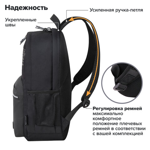 Рюкзак BRAUBERG FASHION CITY универсальный, 2 отделения, Norm, черный, 46×31х15 см