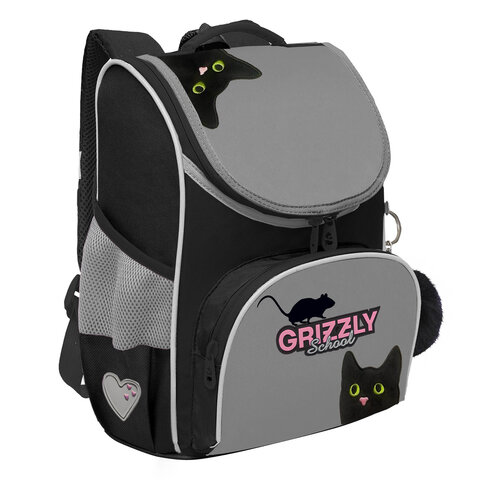 превью Ранец GRIZZLY анатомическая спинка, с мешком для обуви, для девочек, «BLACKY», серый, 33×25х13 см