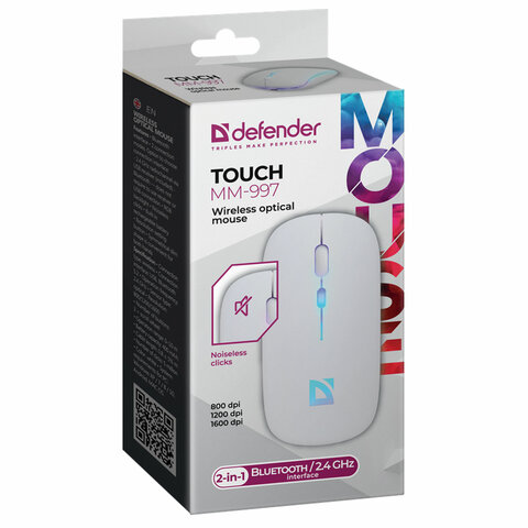 Мышь беспроводная DEFENDER TOUCH MM-997, USB, 3 кнопки+1 колесо-кнопка, оптическая, белая