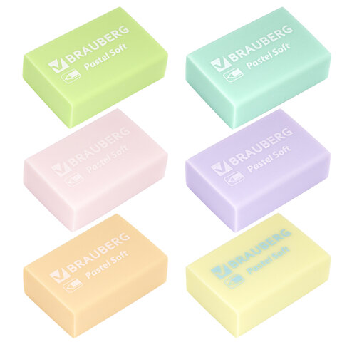 Ластики BRAUBERG «Pastel Soft» НАБОР 12 шт., размер ластика 31×20х10 мм, экологичный ПВХ