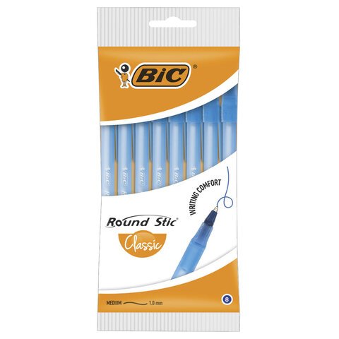 превью Ручки шариковые BIC «Round Stic», НАБОР 8 шт., СИНИЕ, узел 1 мм, линия письма 0.32 мм, пакет