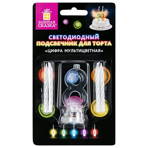 превью Цифра-подсвечник «8» светодиодная, ЗОЛОТАЯ СКАЗКА, в наборе 4 свечи 6 см, 1 батарейка
