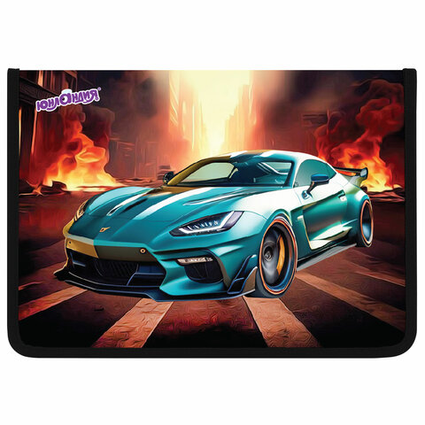 превью Папка для труда на молнии ЮНЛАНДИЯ А4, 1 отделение, откидная планка, органайзер, «Fire car»