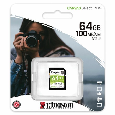 Карта памяти SDXC 64 GB KINGSTON Canvas Select Plus UHS-I U1, 100 Мб/сек (class 10), SDS2/64 GB