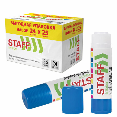 Клей-карандаш 25 г, ВЫГОДНАЯ УПАКОВКА, КОМПЛЕКТ 24 ШТУКИ, STAFF EVERYDAY