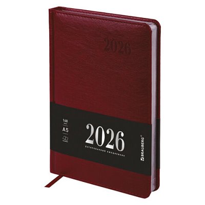 Ежедневник датированный 2026, А5, 138×213 мм, BRAUBERG «Impression», под кожу, бордовый