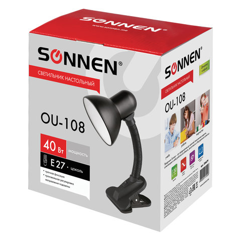 Светильник настольный SONNEN OU-108, на прищепке, цоколь Е27, черный