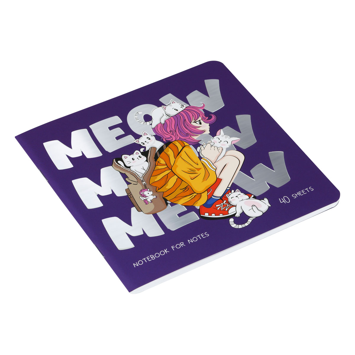 Записная книжка 170×170 мм 40л. на скрепке MESHU «Meow», soft-touch ламинация, тиснение фольгой, блок без линовки, 80г/м2