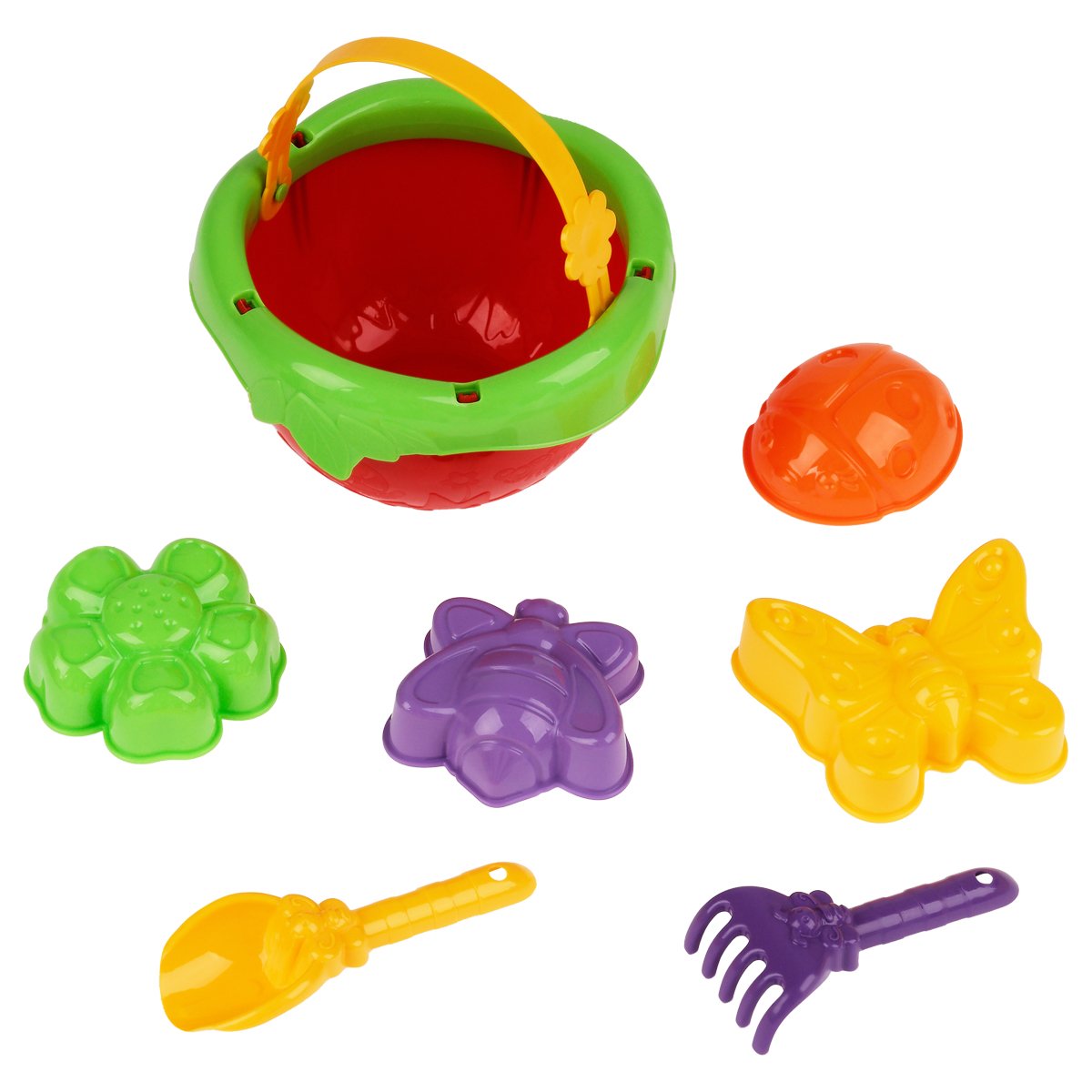 превью Набор для песка ТРИ СОВЫ «Лесная лужайка», 7 предметов (ведро-лукошко, грабли, совок, 4 формочки)