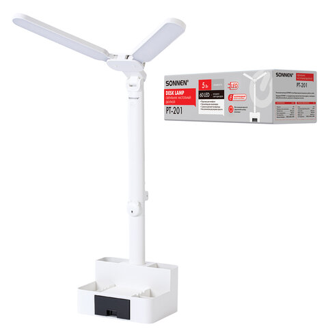 Настольная лампа / светильник беспроводная SONNEN PT-201, органайзер, USB, LED, 5 Вт, 3 режима, белый