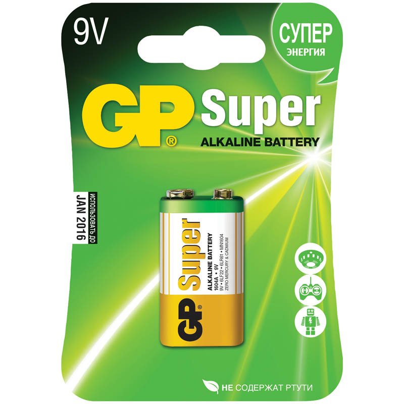 Батарейка GP Super F8/КРОНА/6LR61, 9В, алкалиновая, 1 шт. в блистере