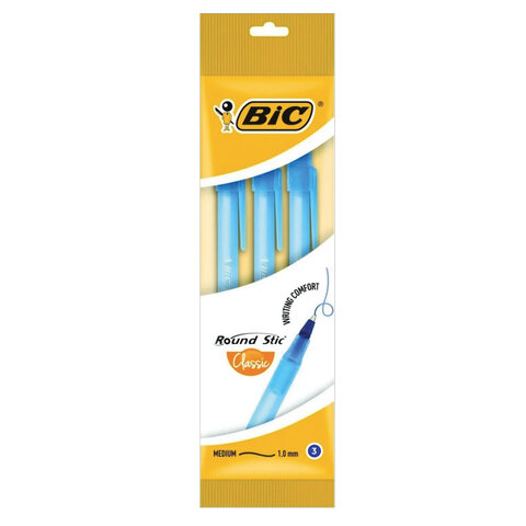 Ручки шариковые BIC «Round Stic», НАБОР 3 шт., СИНИЕ, узел 1 мм, линия письма 0.32 мм, пакет
