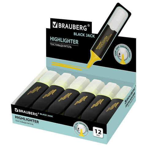 Текстовыделитель BRAUBERG «BLACK JACK», ЖЕЛТЫЙ, линия 1-5 мм