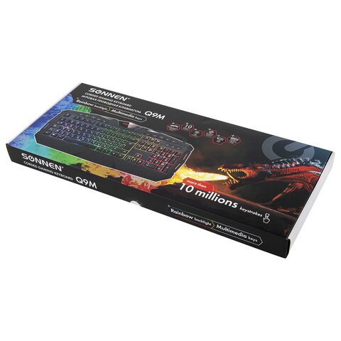 Клавиатура проводная игровая SONNEN Q9M, USB, 104 клавиши + 10 мультимедийных, RGB подсветка, черная