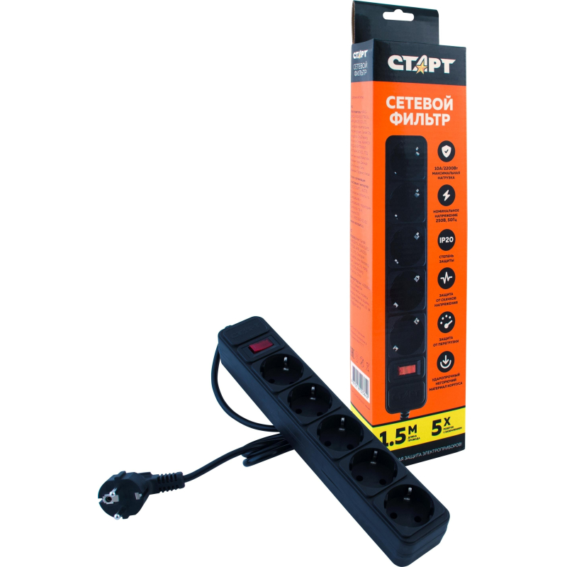 Сетевой фильтр СТАРТ С/УД-Ф SP 5×1 ZVT 5р/1.5м 10А/2200Вт черный