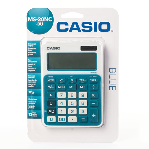 Калькулятор настольный CASIO MS-20NC-BU-S (150×105 мм) 12 разрядов, двойное питание, белый/голубой, блистер