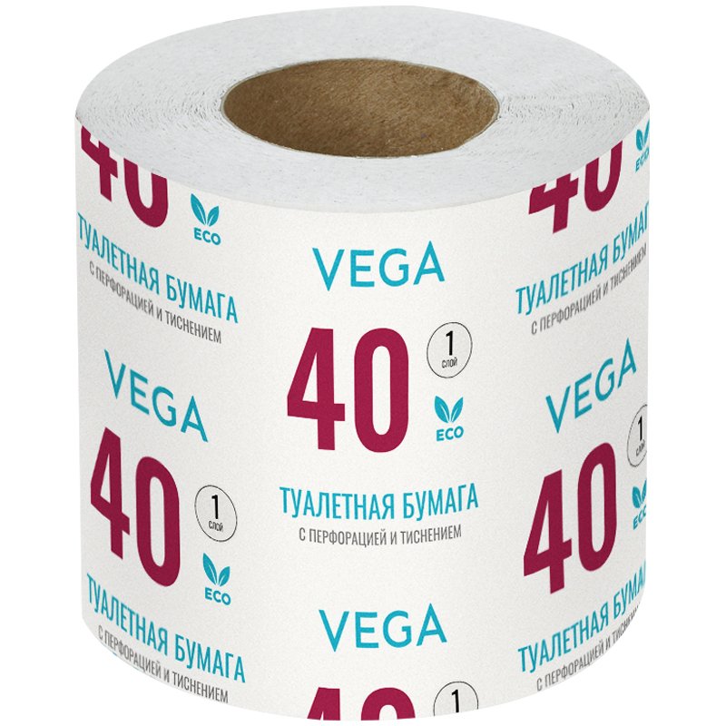 превью Бумага туалетная Vega, 1-слойная, 40м/рул., на втулке, с перф., с тиснением, белая
