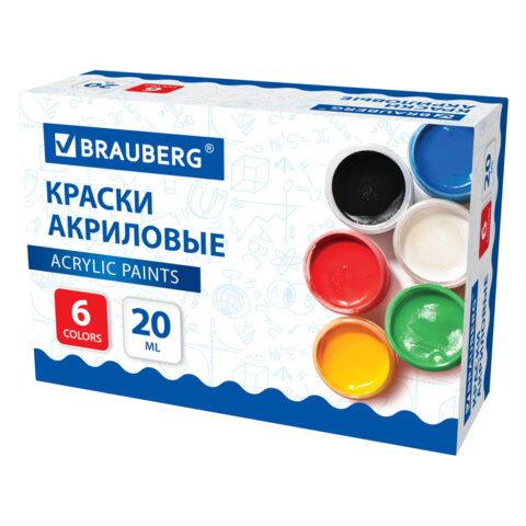 Краски акриловые для рисования и творчества 6 цветов по 20 мл, BRAUBERG
