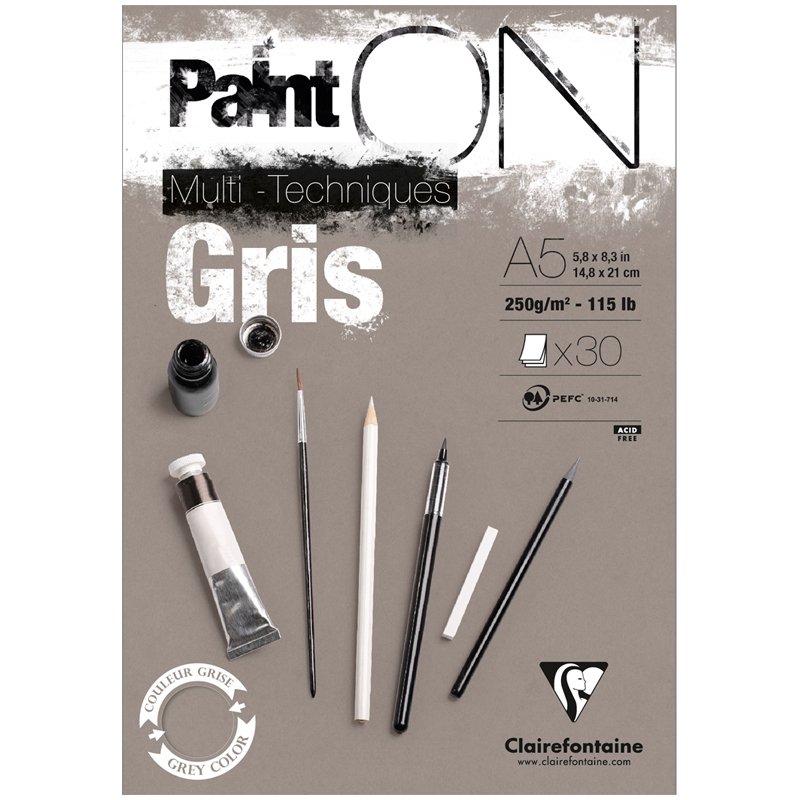 превью Скетчбук - альбом для смешанных техник 20л., А5, на склейке Clairefontaine «Paint'On Grey», 250г/м2, серый