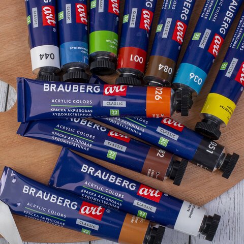 Краски акриловые художественные BRAUBERG ART CLASSIC, НАБОР 12 шт, 11 цветов, в тубах 22 мл