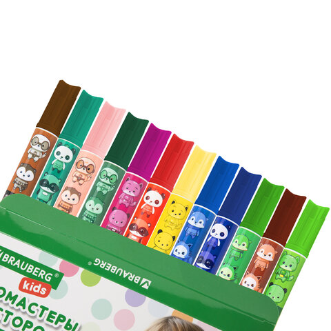 Фломастеры двусторонние толстые для малышей ультрасмываемые 12 штук / 24 цвета, BRAUBERG KIDS