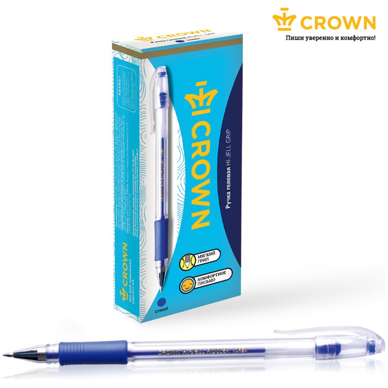 Ручка гелевая Crown «Hi-Jell Grip» синяя, 0.5мм, грип