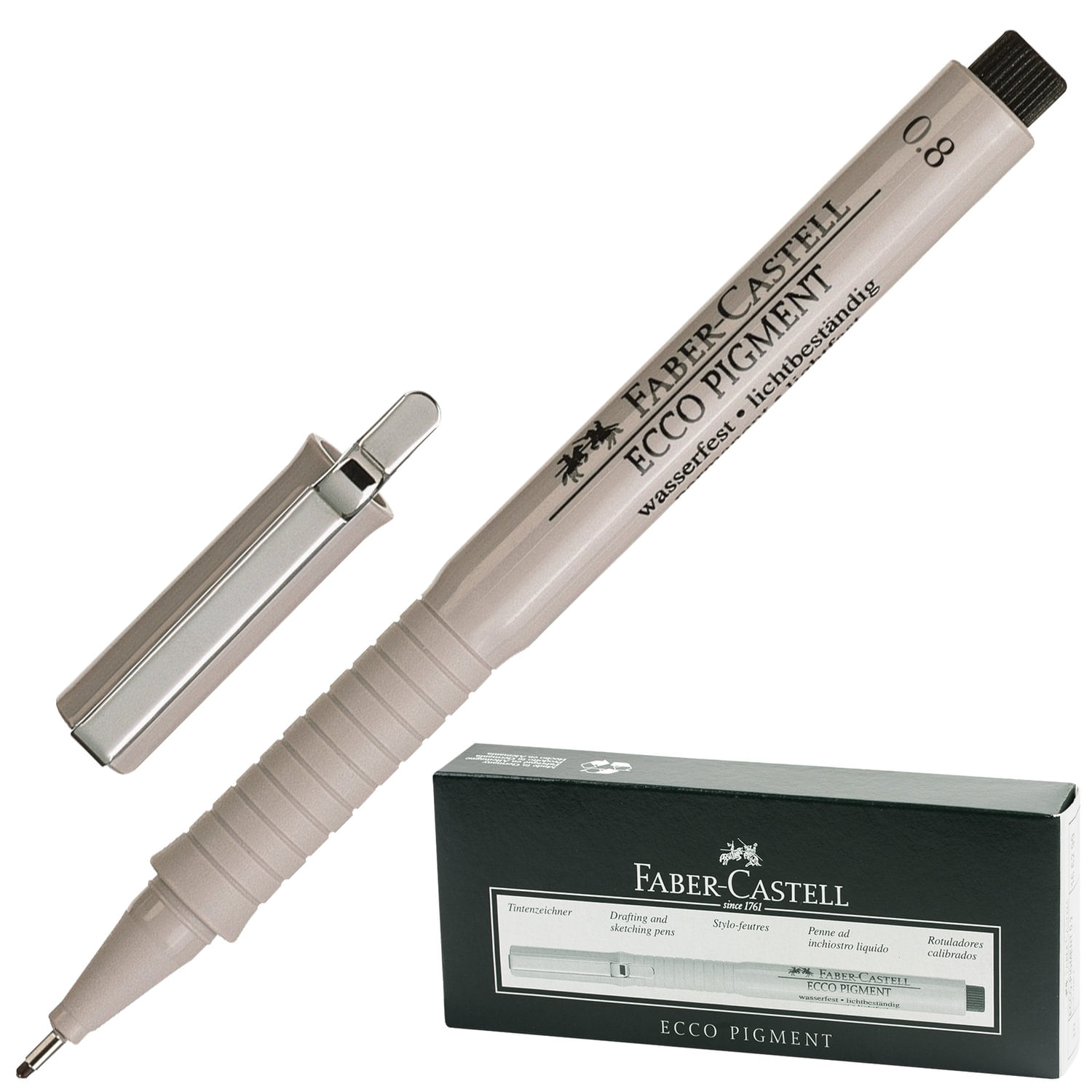 превью Ручка капиллярная FABER-CASTELL «Ecco Pigment», ЧЕРНАЯ, корпус серый, линия письма 0.8 мм