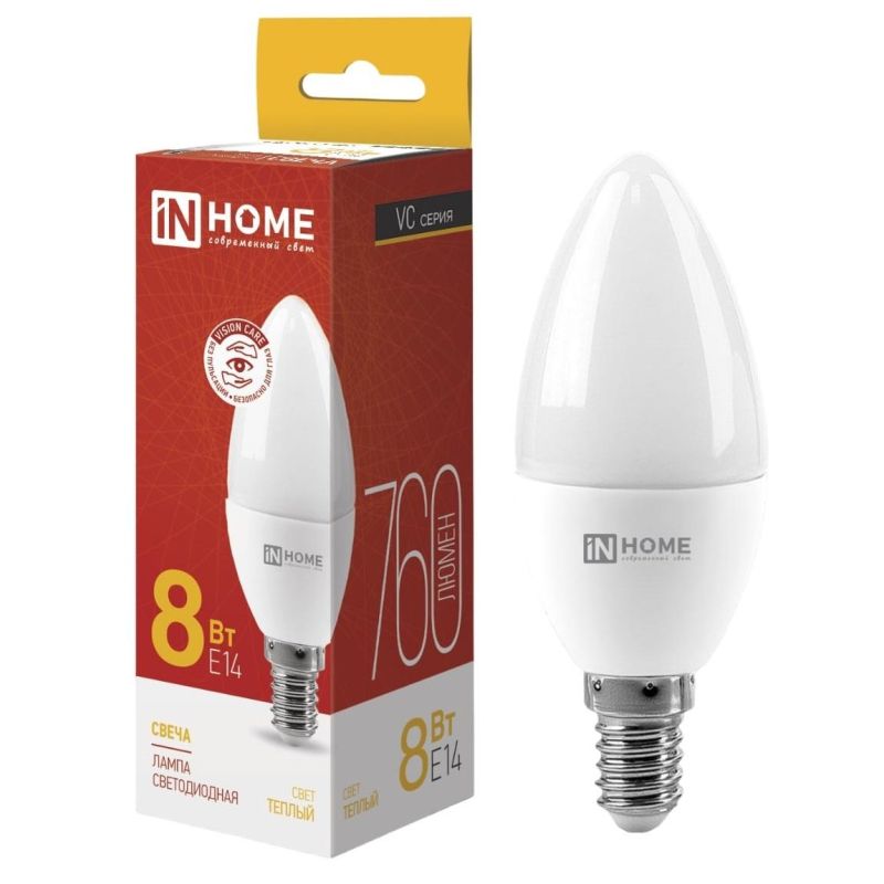 Лампа светодиодная LED-СВЕЧА-VC 8Вт 230В Е14 3000К 760 Лм IN HOME