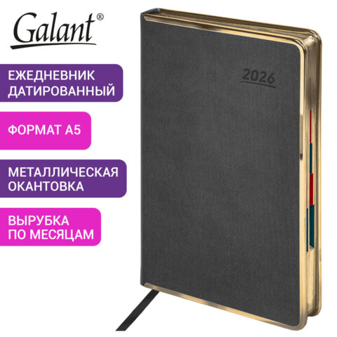 Ежедневник датированный 2026 А5 148×218 мм, GALANT «Infinity Gold», под кожу, серый