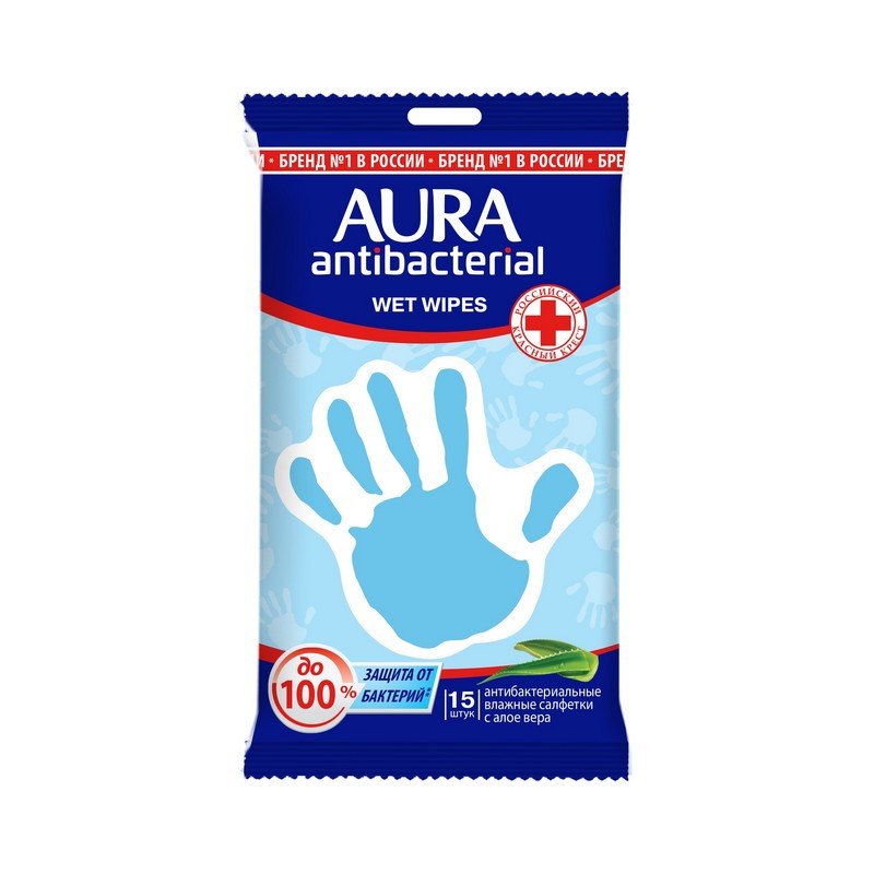 превью Салфетки влажные Aura «Derma Protect» pocket-pack, 15шт., антибакт., с лимоном/ромашкой