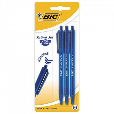 Ручки шариковые автоматические BIC «Round Stic Clic», НАБОР 3 шт., СИНИЕ, линия письма 0.32 мм, блистер