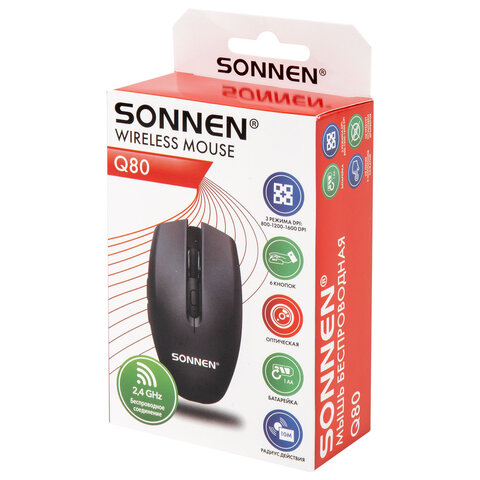 Мышь беспроводная USB, 800/1200/1600 dpi, 5 кнопок + колесо-кнопка, оптическая, SONNEN Q80, черная