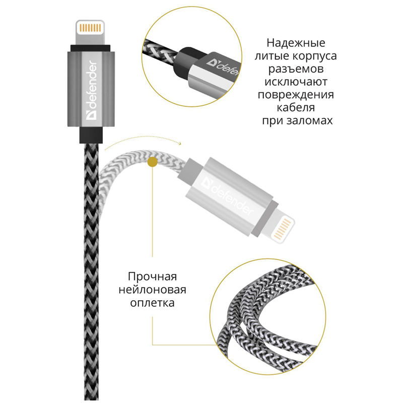 Кабель Defender ACH01-03T PRO USB(AM) - Lightning(M), для Apple, 2.1A output, в оплетке, 1м, белый