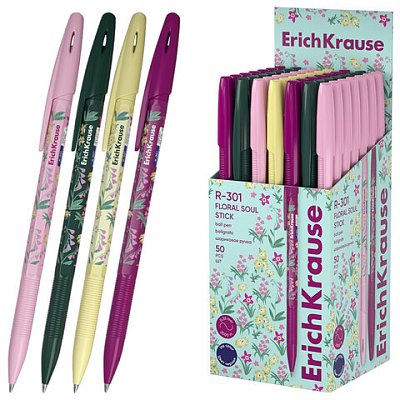 Ручка шариковая ERICH KRAUSE «R-301 Stick Floral» СИНЯЯ, синяя, корпус ассорти, линия 0.35 мм