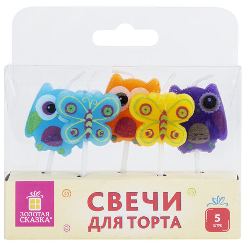 Свечи фигурные для торта на шпажках «Совы и бабочки», 5 шт., 2.5×3/2.5×2.5 см, ЗОЛОТАЯ СКАЗКА